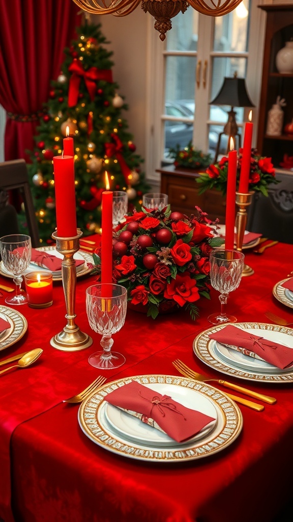 Christmas table setting with red decorations, candles, and flowers.